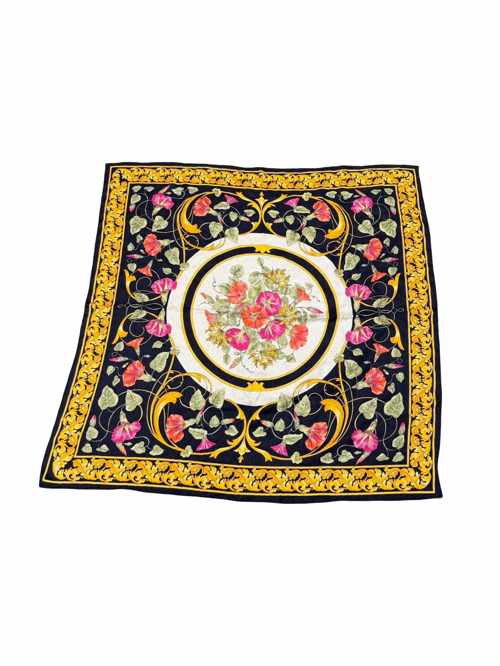 NICOLE DE BEAUVOIR Paris Floral Medallion Silk Scarf in Black, Gold & Pink
